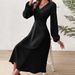 Voya Women's French Style V-neck Dress With Elegant Temperament In Autumn And Winter, A-line High Waist Mid Length Skirt_ecoleips.com