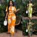 Women's Clothing Fashion Printed Pleated Butterfly Sleeves V Neck Top Lace Up Waist Wide Leg Trousers Suit_ecoleips.com