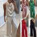 Women's Clothing Satin Sleeveless Wide Leg Pants Set - Casual Loungewear Two-Piece Outfit For Summer Vacation & Daily Wear (Multiple Colors)_ecoleips.com