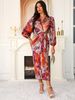 Elegant V Neck Cardigan Dress for Women Slim Fit Print Design Tie Waist Stylish Foreign Trade Wear New Arrival_ecoleips.com