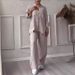 Women's Clothing Casual Cotton And Linen Solid Color Shirt Drawstring Wide Leg Pants Suit_ecoleips.com
