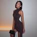 Women's Sexy Mock Neck Sleeveless Ruched Bodycon Lace Up Mini Dress – Elegant Party Gown_ecoleips.com