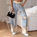 Women's Clothing Lace Up Spring And Summer Hong Kong Style Trendy Individual Street Thin Ripped Double Layer Color Straight Jeans_ecoleips.com