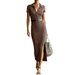2026 European And American Cross-border Independent Site Casual Short-sleeve Knitted Ribbed Slit Dress New_ecoleips.com