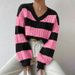 Oversized Striped Knit Sweater – Retro Colorblock V-Neck Pullover In Purple/Khaki/Navy/Black (S-XL) | Cozy & Trendy_ecoleips.com