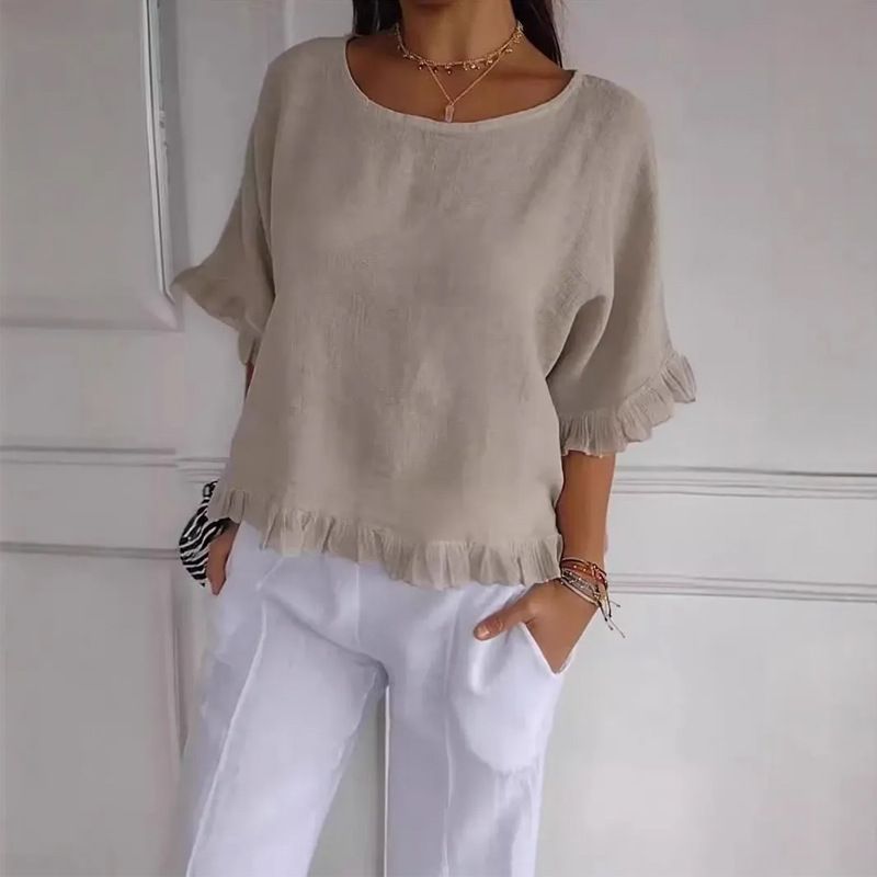 Short-Sleeve Cotton-Linen Top, Summer Loose And Versatile, Age-Reducing Cutout Crew Neck T-Shirt For Women_ecoleips.com