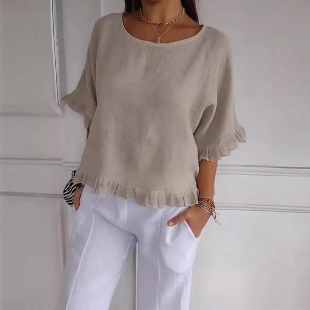 Short-Sleeve Cotton-Linen Top, Summer Loose And Versatile, Age-Reducing Cutout Crew Neck T-Shirt For Women_ecoleips.com