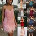 Tassel Sequins Multicolor Birthday Party Sexy V Neck Suspender Feather Stitching Gown Dress_ecoleips.com