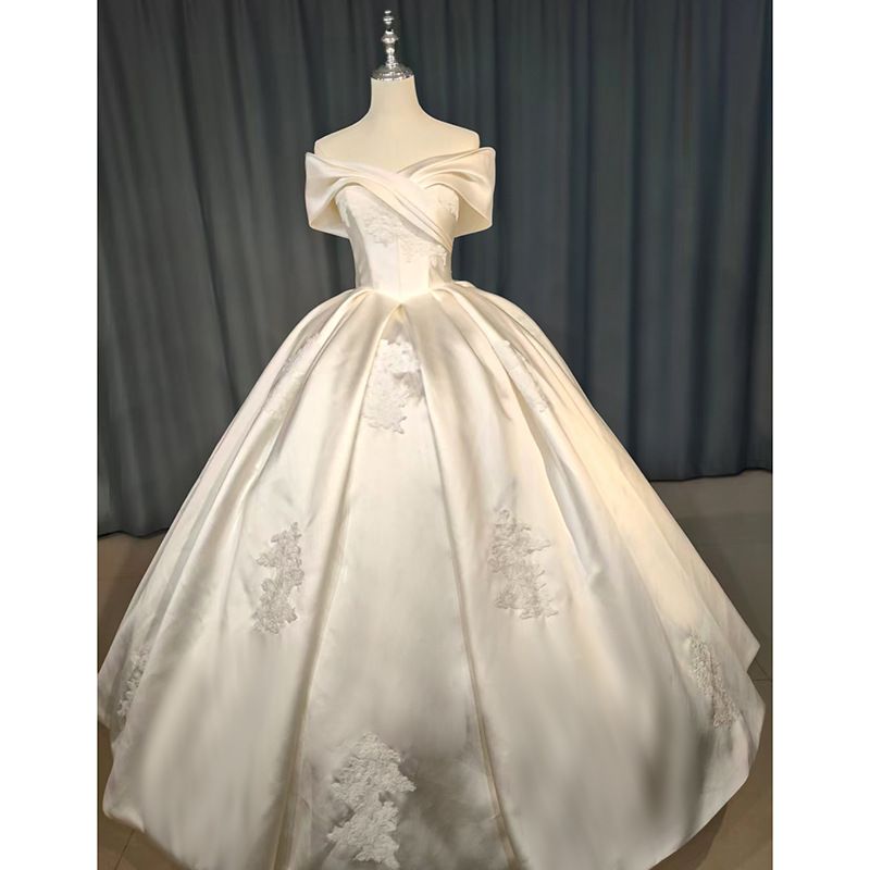 Women's Clothing Elegant Off-Shoulder Satin Wedding Dress – Champagne A-Line Gown With Subtle Embroidery & Cathedral Train ( Luxury Satin Finish)_ecoleips.com