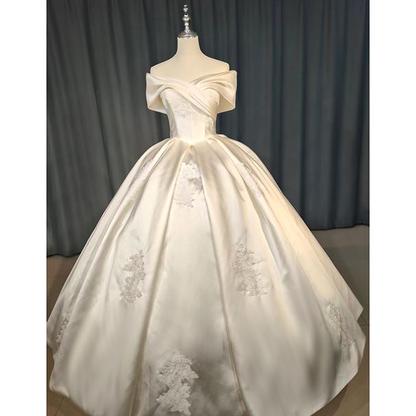 Women's Clothing Elegant Off-Shoulder Satin Wedding Dress – Champagne A-Line Gown With Subtle Embroidery & Cathedral Train ( Luxury Satin Finish)_ecoleips.com