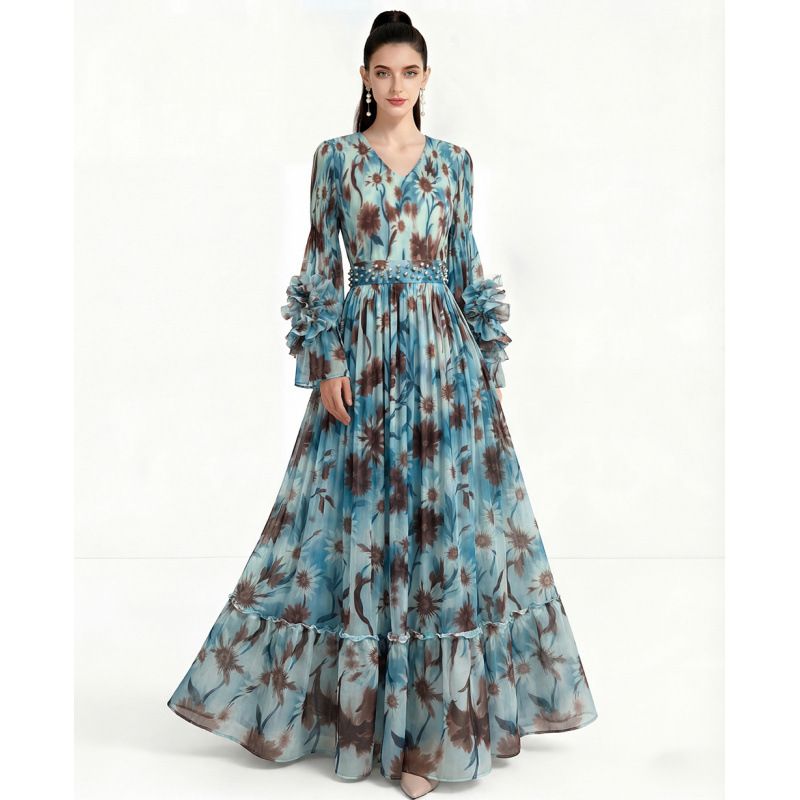 Women's Floral Bell Sleeve Dress Sophisticated Pleated 3D Design Heavy Duty Fitted Waist Ruffled Hem_ecoleips.com
