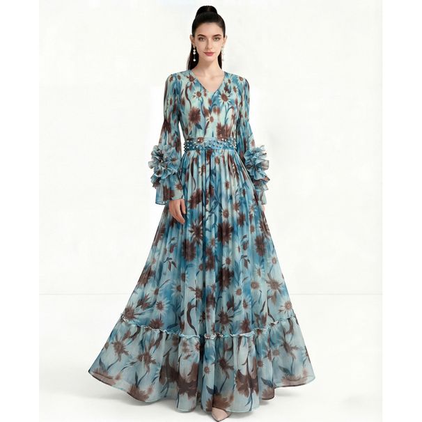 Women's Floral Bell Sleeve Dress Sophisticated Pleated 3D Design Heavy Duty Fitted Waist Ruffled Hem_ecoleips.com