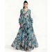 Women's Floral Bell Sleeve Dress Sophisticated Pleated 3D Design Heavy Duty Fitted Waist Ruffled Hem_ecoleips.com