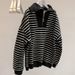American-style Striped Half-zip Polo Collar Sweatshirt Women, Thin Korean-style Loose Fit, Fleece-lined Thickened,_ecoleips.com