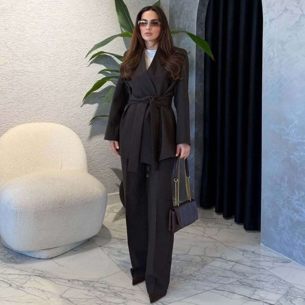 Women's V Neck Slim Fit Blazer Set Long Sleeve Wide Leg Pants Tie Waist Office Commuting Clothes European American Style_ecoleips.com