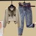 "Korean-Style Denim Suit Set – Embroidered Long-Sleeve Sweatshirt & High-Waist Carrot Pants"_ecoleips.com