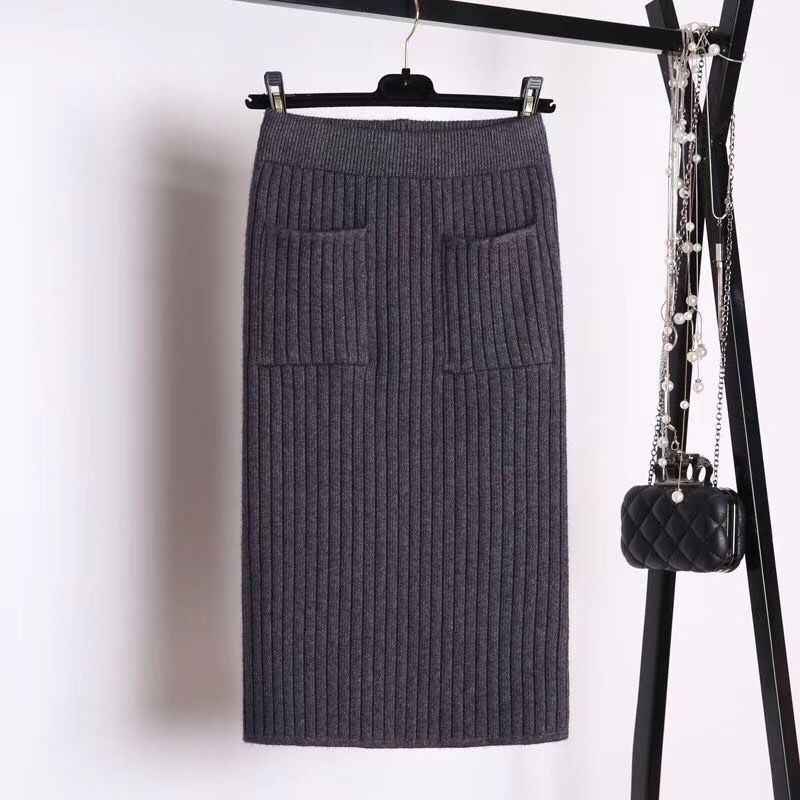 Women's High-Waisted Knit Pencil Skirt - Stretchy Bodycon Midi Skirt With Side Slit (Black/Grey/Khaki, One Size Fits S-L)_ecoleips.com