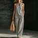 Women's Clothing Halter Neck Sleeveless Striped Pant Set Casual V Neck Fashion For Spring/Summer Thin Polyester Suit_ecoleips.com