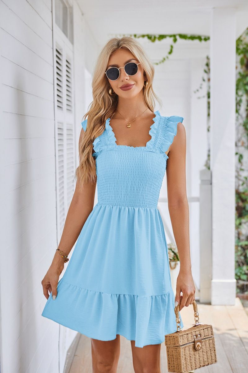 Women's Clothing Sleeveless Square Neck Pleated Backless Short Dress_ecoleips.com