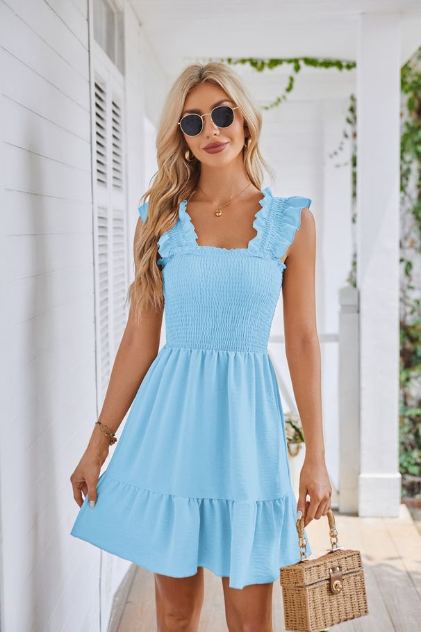 Women's Clothing Sleeveless Square Neck Pleated Backless Short Dress_ecoleips.com