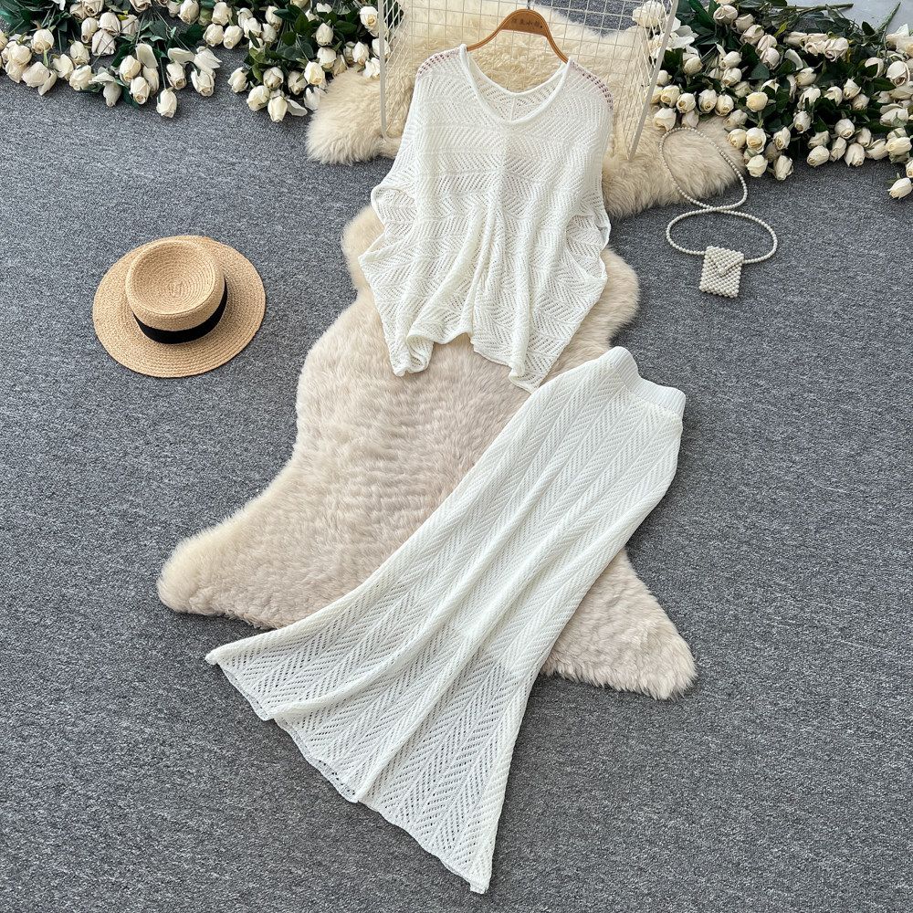 Women's French Style Hollow Knit Two Piece Set Soft Gentle Slim Fit Summer Elegant Commuting Suit_ecoleips.com