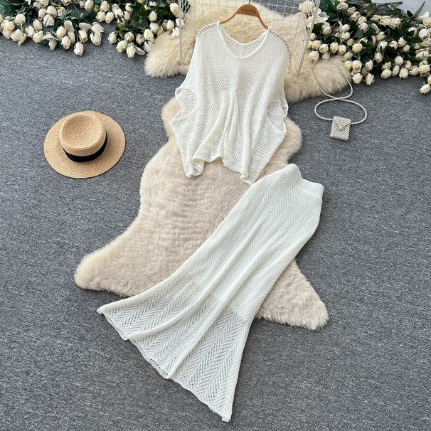 Women's French Style Hollow Knit Two Piece Set Soft Gentle Slim Fit Summer Elegant Commuting Suit_ecoleips.com