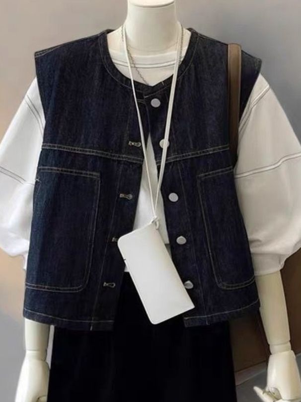 K Retro Layered Denim Vest For Women; Design-oriented, Niche, Fashionable, Slimming, Versatile Short Jacket. No Innerwear And Accessories_ecoleips.com