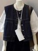K Retro Layered Denim Vest For Women; Design-oriented, Niche, Fashionable, Slimming, Versatile Short Jacket. No Innerwear And Accessories_ecoleips.com