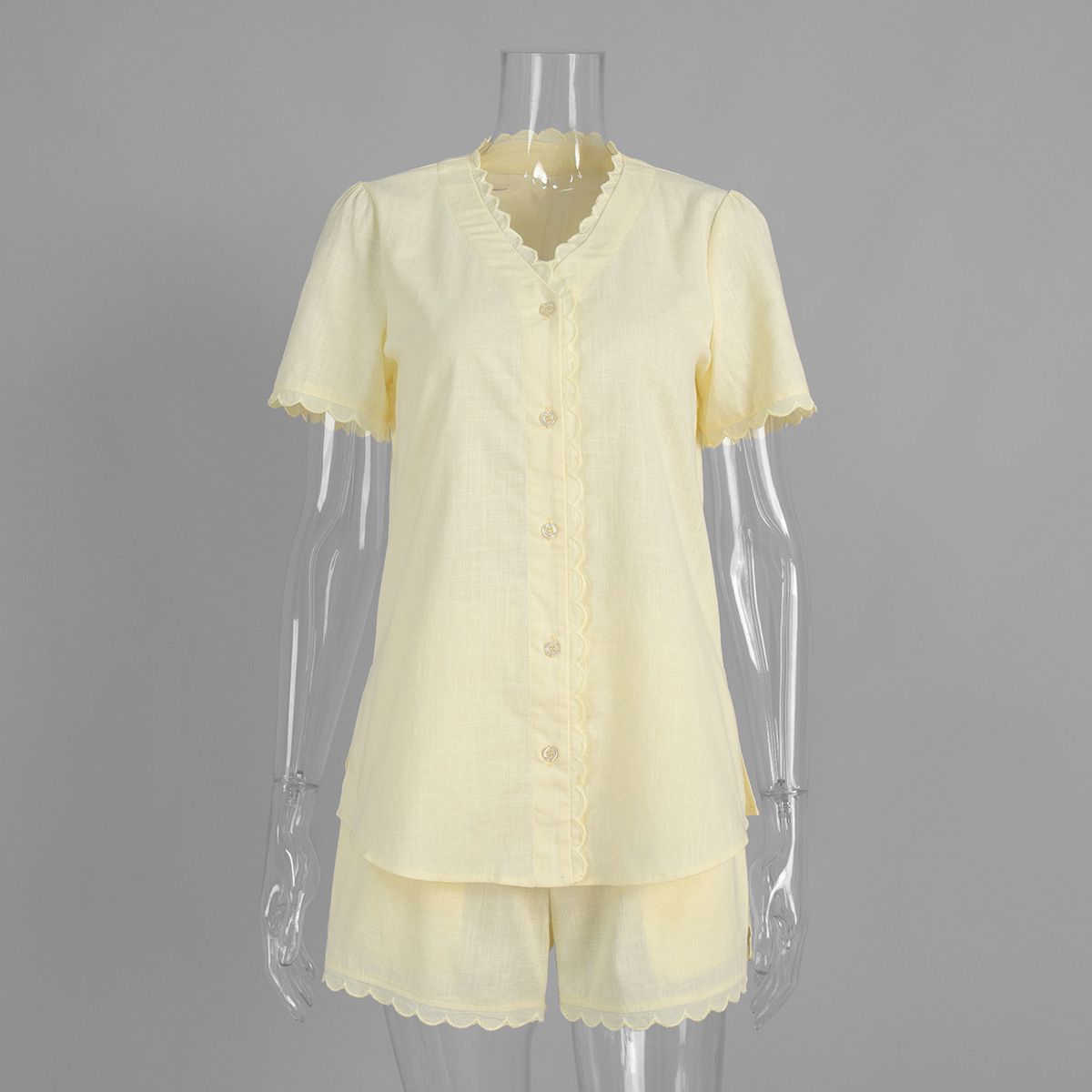 Lace Trim V-Neck Top & Tie-Waist Shorts Set – 100% Cotton Summer Outfit For Women (Yellow) Versatile Neutrals_ecoleips.com