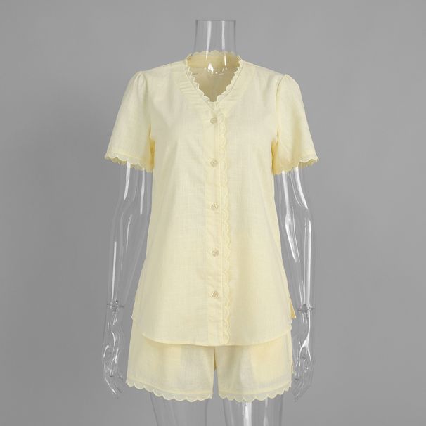 Lace Trim V-Neck Top & Tie-Waist Shorts Set – 100% Cotton Summer Outfit For Women (Yellow) Versatile Neutrals_ecoleips.com