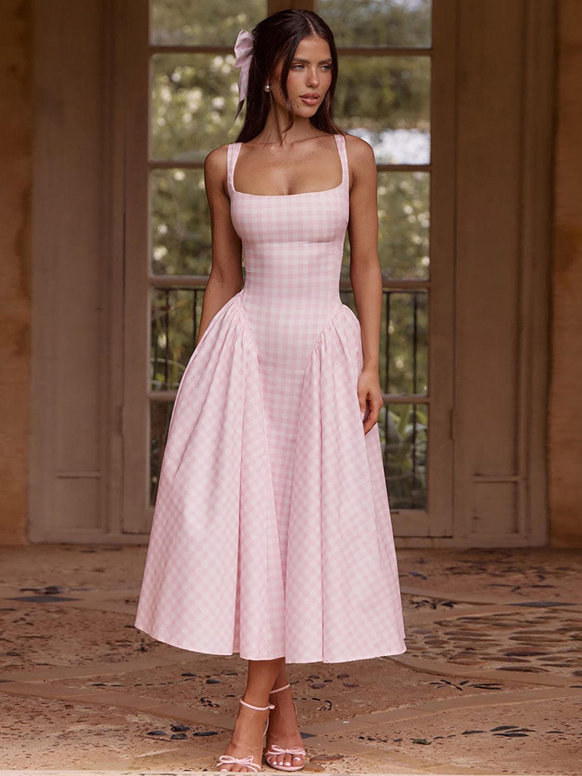 Hugcitar Elegant Plaid Print Straps Ruched Sexy Bodycon Maxi Prom Dress Summer Women Fashion Y2K Outfits Birthday Party Festival_ecoleips.com