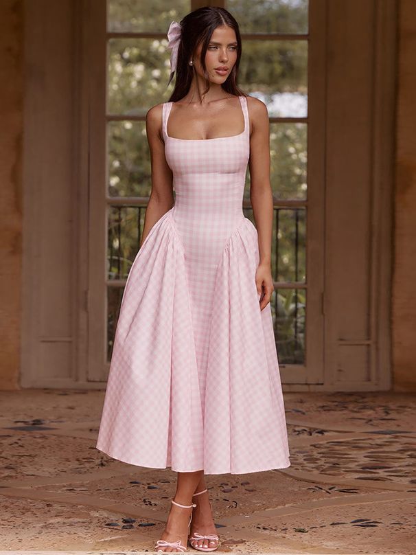 Hugcitar Elegant Plaid Print Straps Ruched Sexy Bodycon Maxi Prom Dress Summer Women Fashion Y2K Outfits Birthday Party Festival_ecoleips.com