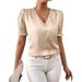 Women's Clothing Women's Satin V Neck Button Down Shirt Short Sleeved Ruffled Blouse Casual Style Spring Summer_ecoleips.com