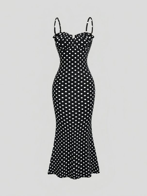 Women's Slim Fit Backless Polka Dot Dress European American Style Autumn French Temperament Cross Border New Clothing Suspender Style_ecoleips.com