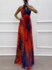 Women's Clothing Sleeveless Printed Lace Up Dress Fashionable Large Swing Halter Neck Round Neck_ecoleips.com
