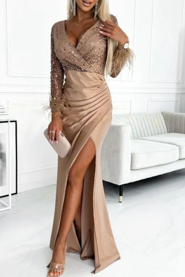 Elegant V-Neck Long Sleeve Wrap Dress With Feather & Sequin Details For Women – High Waist, Slit Hem, Winter Fashion_ecoleips.com
