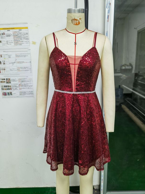 New European And American Style Women's Sequin With Deep V-neck, Off-shoulder, A-line, Strapless Party Mini Dress 9055_ecoleips.com