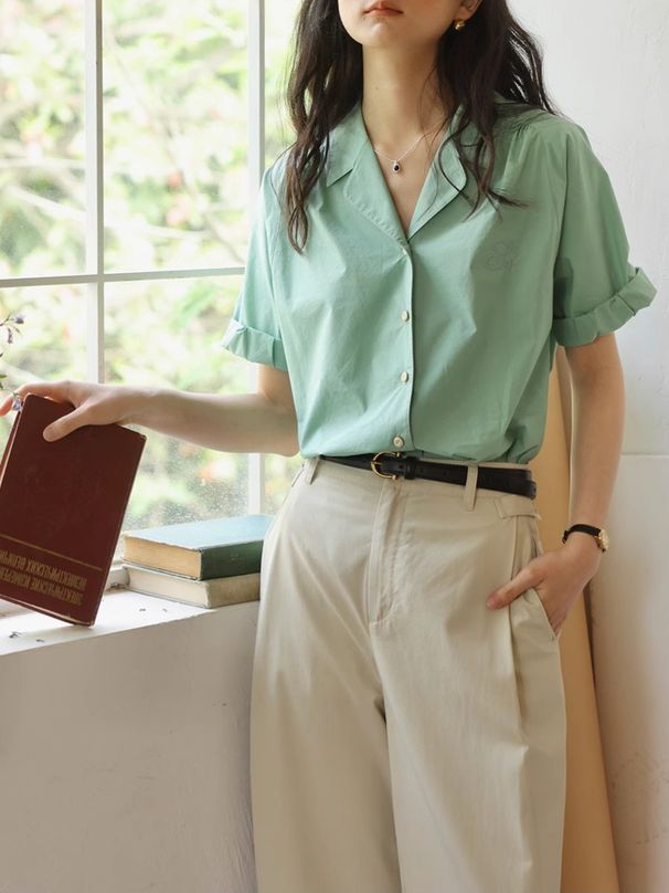 French Style Cuban Collar Letter Embroidery Shirt For Women Summer 2025 New Loose Short Sleeve Blouse_ecoleips.com