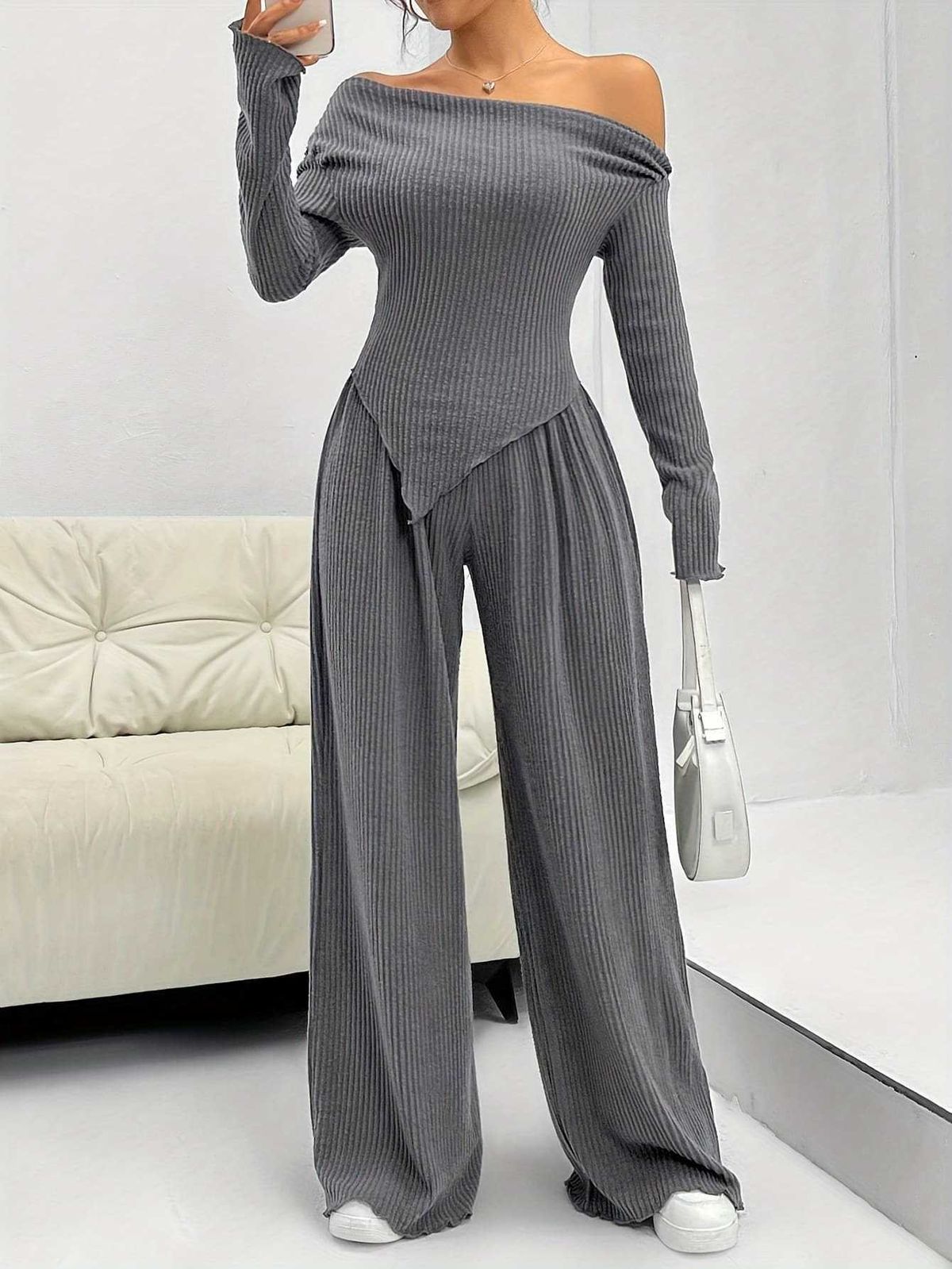 Women's Clothing Autumn And Winter Fashion Casual Suits Knitted One Shoulder Collar Plus Wide Leg Trousers Two Piece Suits_ecoleips.com