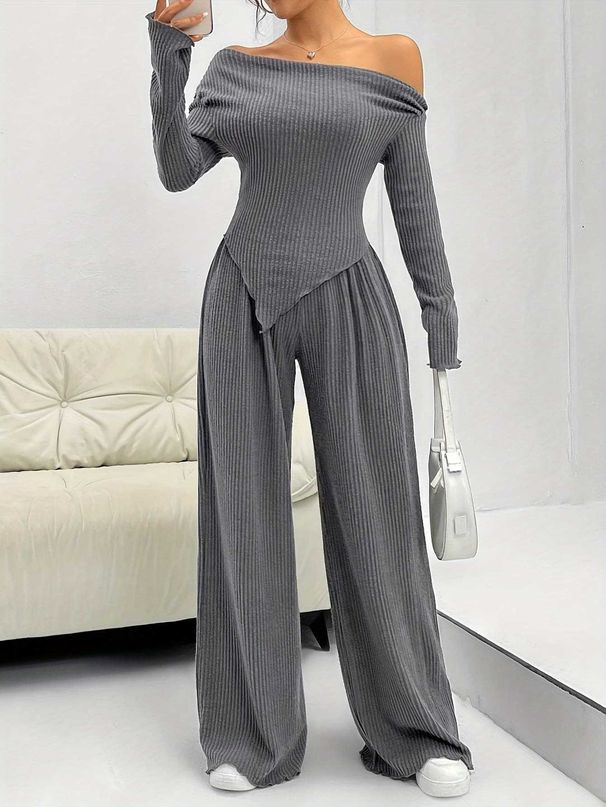 Women's Clothing Autumn And Winter Fashion Casual Suits Knitted One Shoulder Collar Plus Wide Leg Trousers Two Piece Suits_ecoleips.com