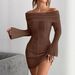 Women's Off-Shoulder Knitted Bodycon Dress With Flared Sleeves - Stretchy Ribbed Casual Midi Dress For Autumn (White, Black, Beige, Peach, Red)_ecoleips.com