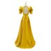 Women's Clothing Golden Yellow Evening Dress Stage Show Catwalk Banquet Satin Luxury Host Long_ecoleips.com