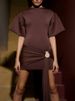 Mozision Fashion Short Sleeve Ruched Sexy Mini Dress Women Elegant Metal Decoration Solid O Neck High Waist Club Dresses New_ecoleips.com