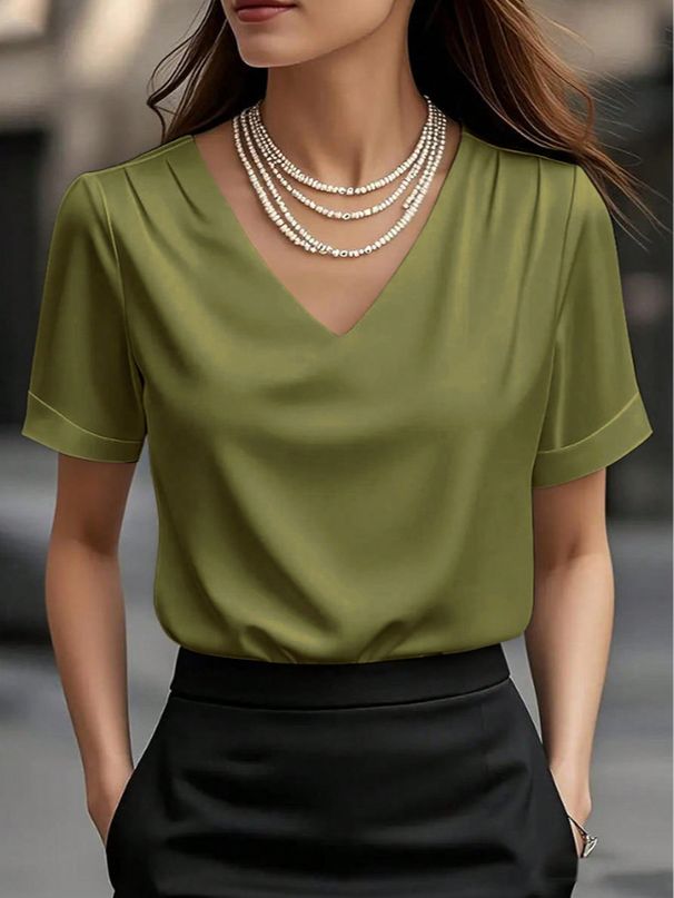 Satin V-Neck Short Sleeve Tee – Women’s Elegant Solid Top For Spring & Summer | Soft & Luxe (S-2XL, 6 Colors)_ecoleips.com