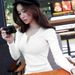 Autumn Button-threaded Solid-color Long-sleeved T-shirt Women's Slim-fit New Large-size Top Bottoming Shirt_ecoleips.com