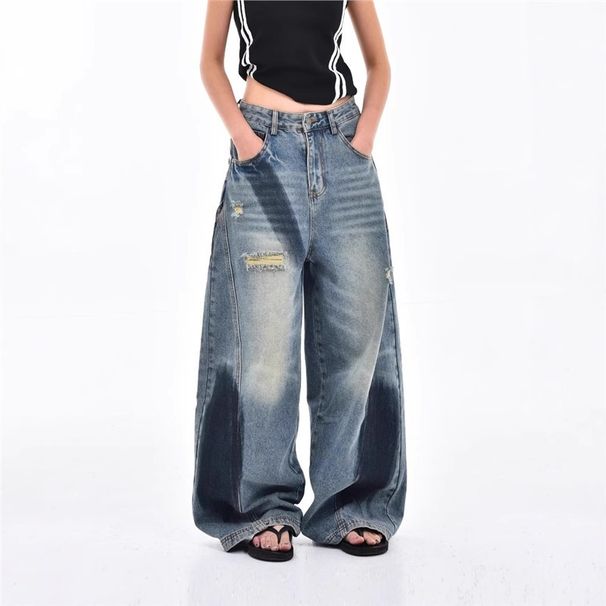 American-style Splatter-paint Ripped Curved Hem Jeans For Women, New High Street Loose Retro Design Versatile Wide-leg_ecoleips.com