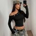 Stretchy Off-Shoulder Long Sleeve Crop Top Milk Silk Tee Grommet Detail Black Brown S to L_ecoleips.com