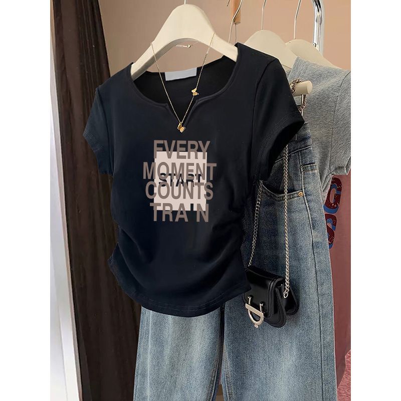 Women's V-Neck Slim-Fit Cotton T-Shirt – Tailored Waist, Minimalist Letter Print, Summer Essential In Neutral Tones_ecoleips.com