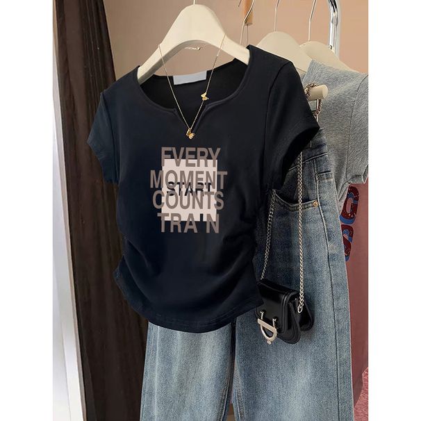 Women's V-Neck Slim-Fit Cotton T-Shirt – Tailored Waist, Minimalist Letter Print, Summer Essential In Neutral Tones_ecoleips.com