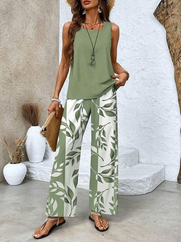 Women's Clothing Casual Square Neck Pullover Vest Plus Long Pants Digital Printing Two Pieces_ecoleips.com